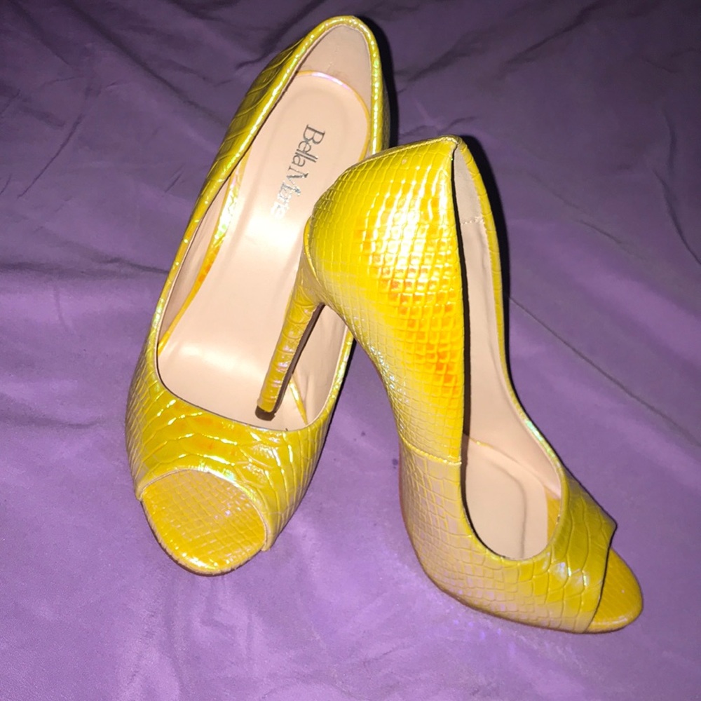 Chrome yellow/snake skin open-toe stilettos!